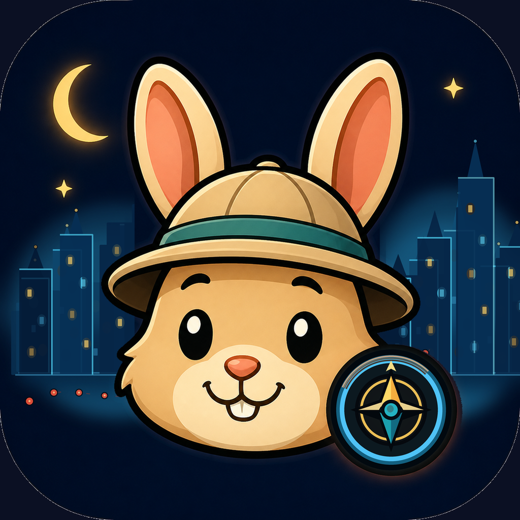 Bunny explorer head with city skyline, gold room lights, low red dotted trail, and blue compass badge